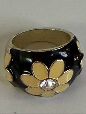 Vintage Black Enamel Floral Cocktail Ring “cloisonné